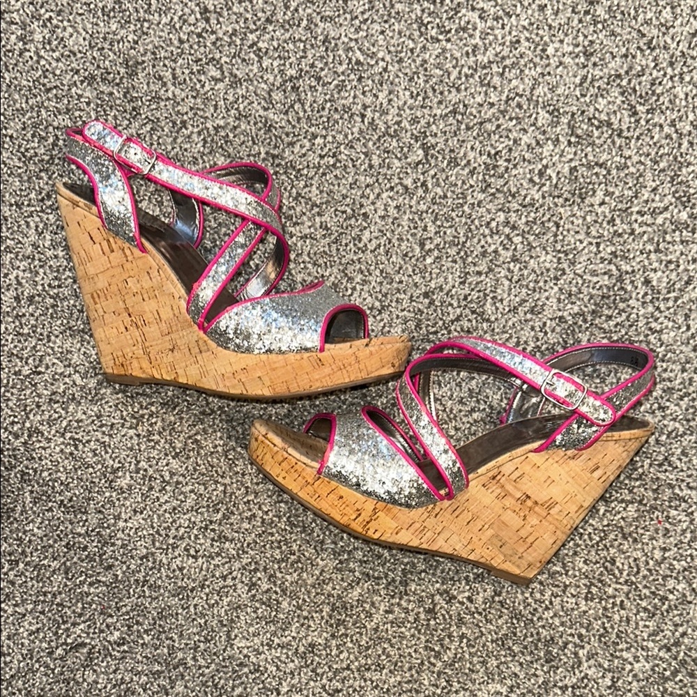 Silver and Pink Wedge Sandals